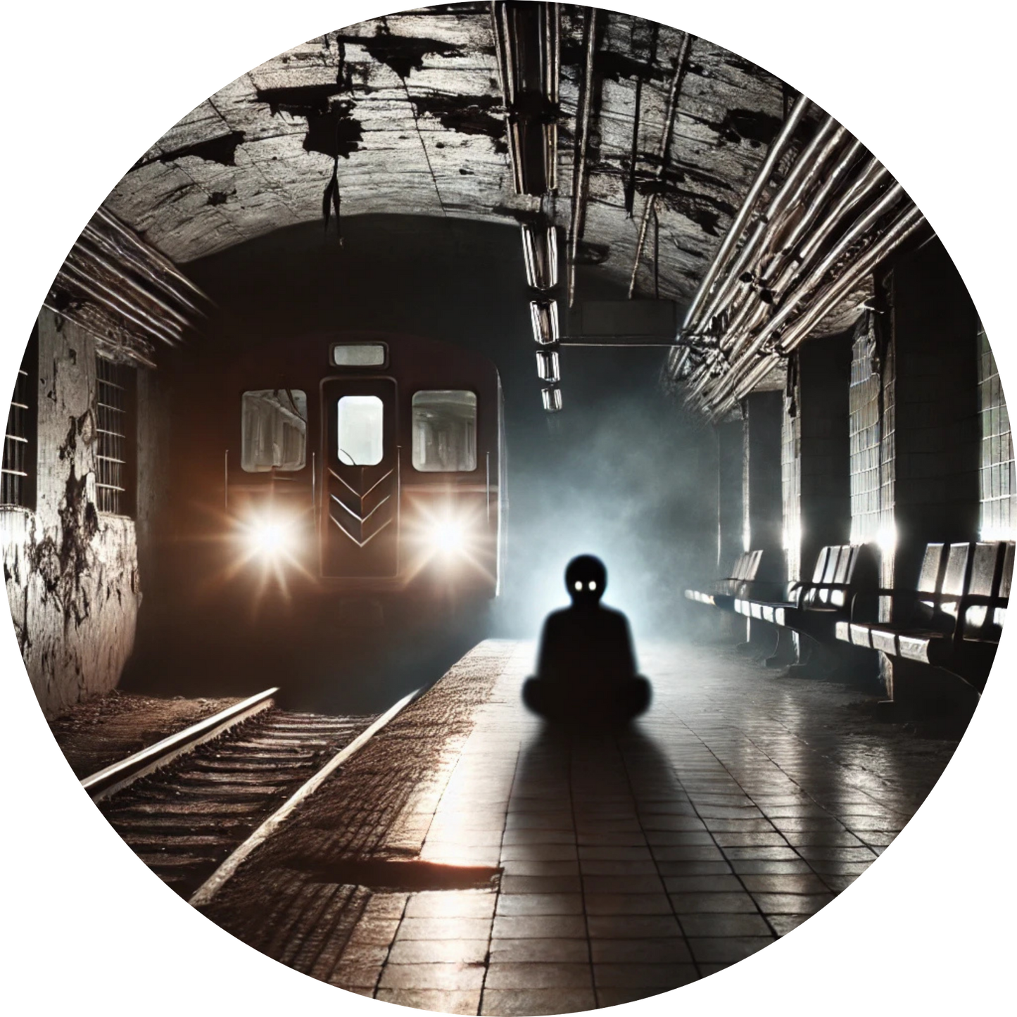 Einsame Person sitzt in dunkler U-Bahn-Station mit einfahrendem Zug