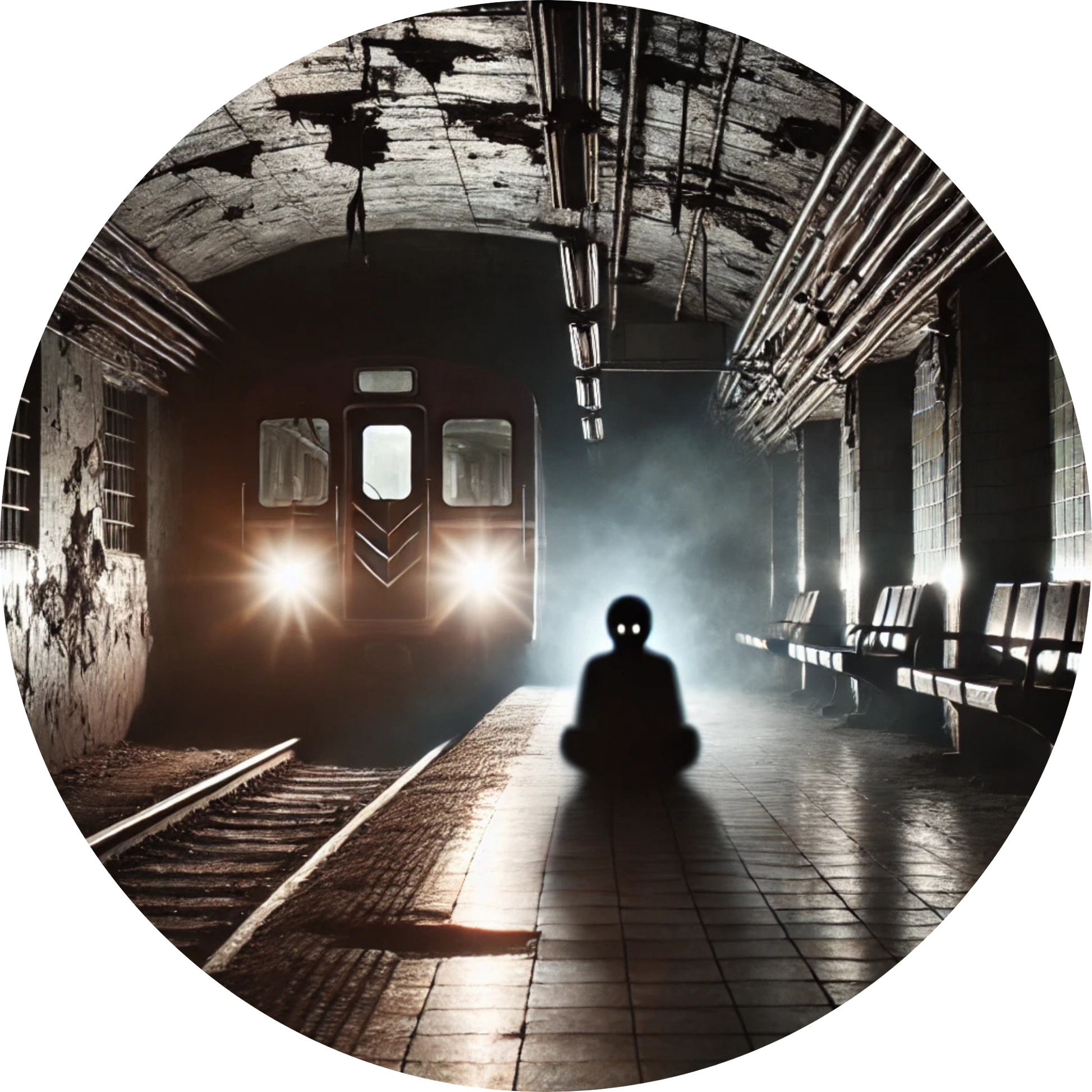 Einsame Person sitzt in dunkler U-Bahn-Station mit einfahrendem Zug