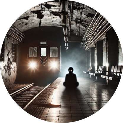 Einsame Person sitzt in dunkler U-Bahn-Station mit einfahrendem Zug