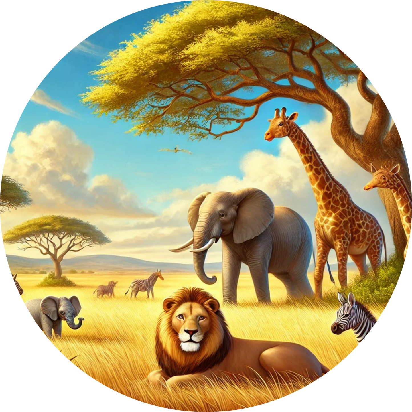 Löwe, Elefant und Giraffe in der Serengeti