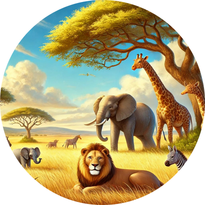 Löwe, Elefant und Giraffe in der Serengeti