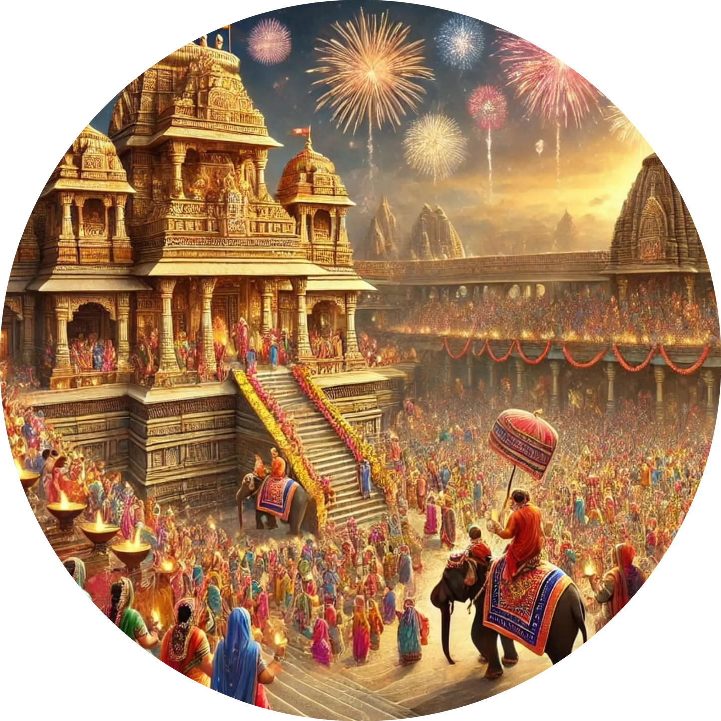  Indischer Tempel mit Feuerwerk und Menschenmenge – festliches hinduistisches Ritual