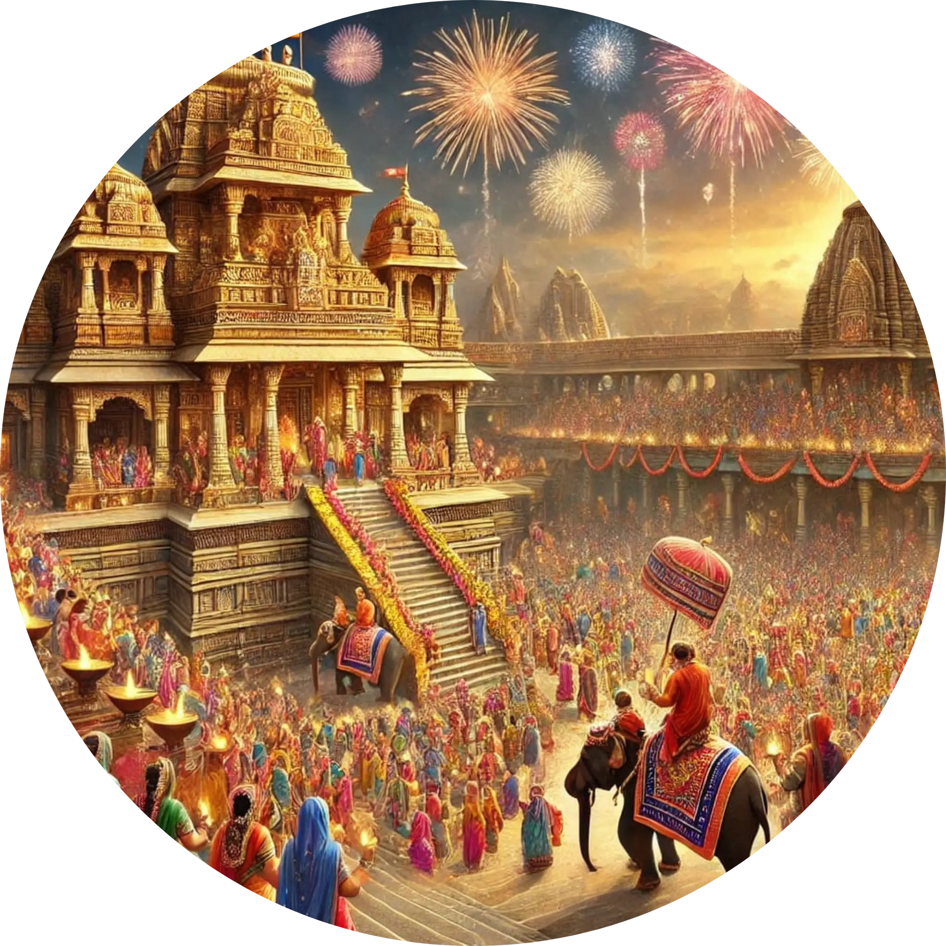  Indischer Tempel mit Feuerwerk und Menschenmenge – festliches hinduistisches Ritual