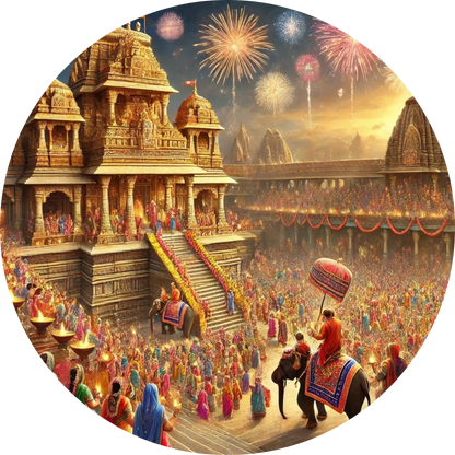  Indischer Tempel mit Feuerwerk und Menschenmenge – festliches hinduistisches Ritual