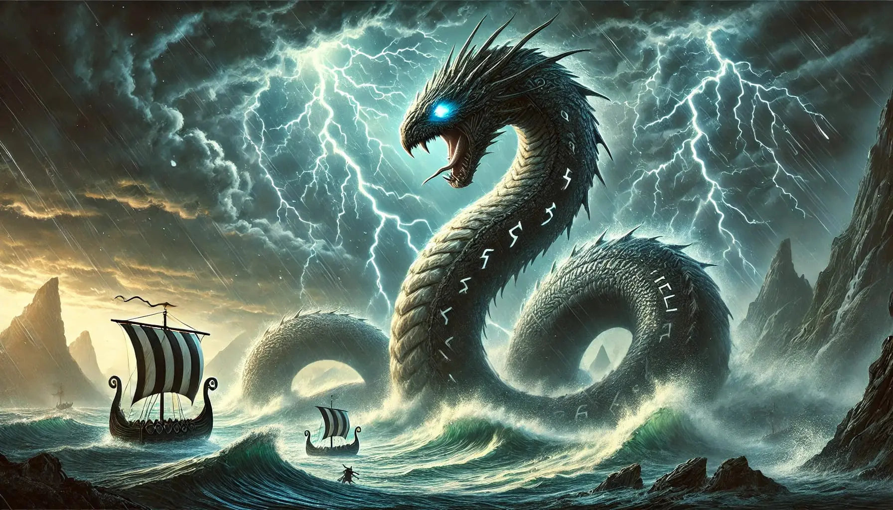 Jörmungandr die Midgardschlange  im Sturmmeer – Symbol für das Chaos.