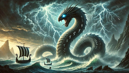 Jörmungandr die Midgardschlange  im Sturmmeer – Symbol für das Chaos.