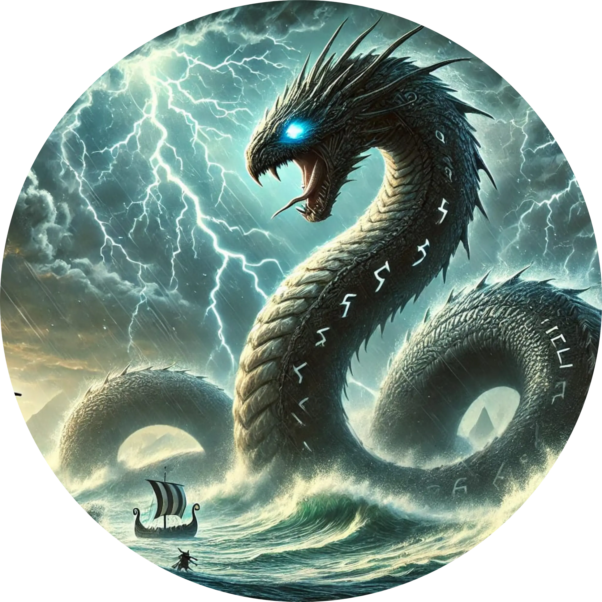 Jörmungandr, die Midgardschlange, taucht aus einem tobenden Ozean auf – eine Szene aus der nordischen Mythologie voller Bedrohung und Naturgewalt