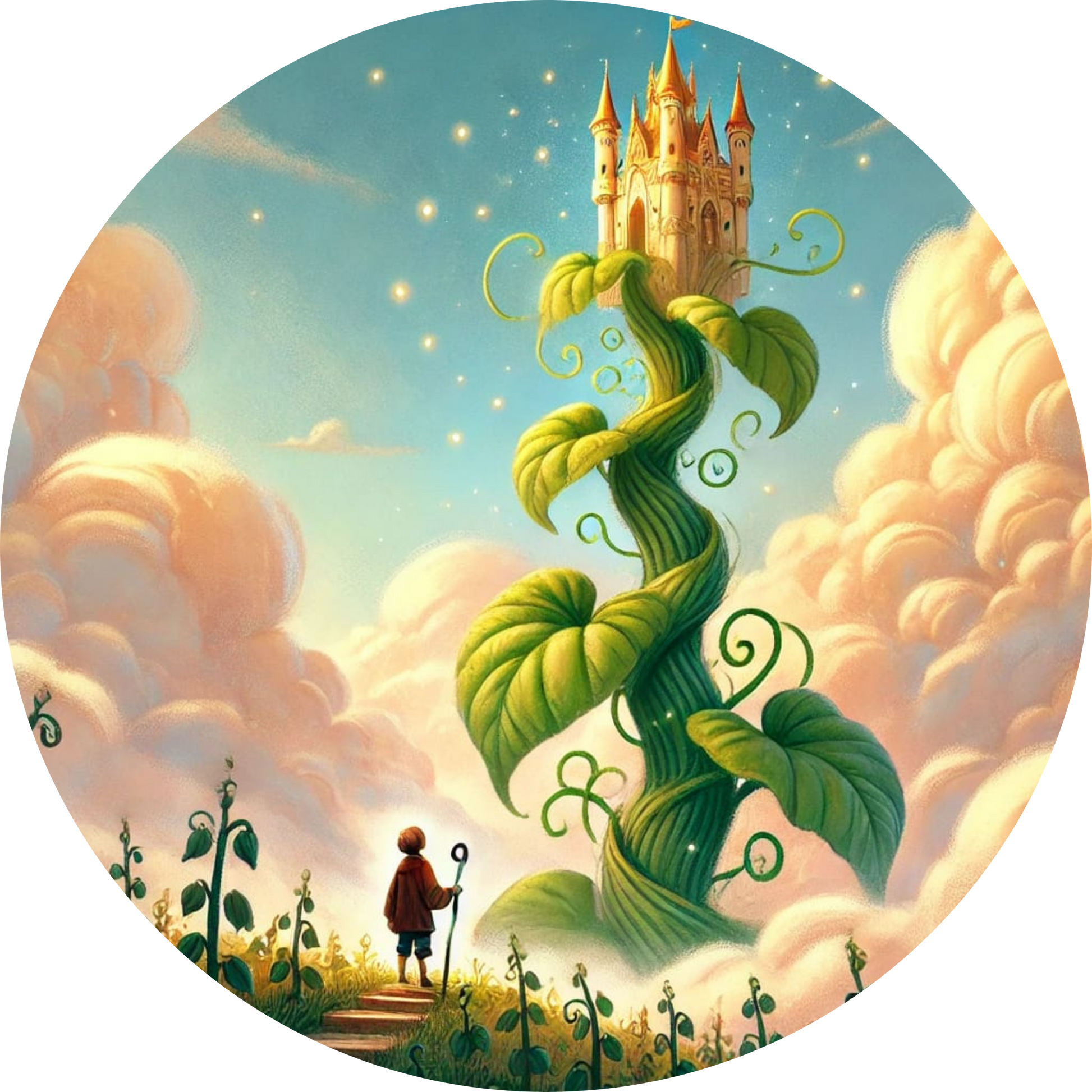 Jack klettert an einer riesigen Bohnenranke in den Himmel
