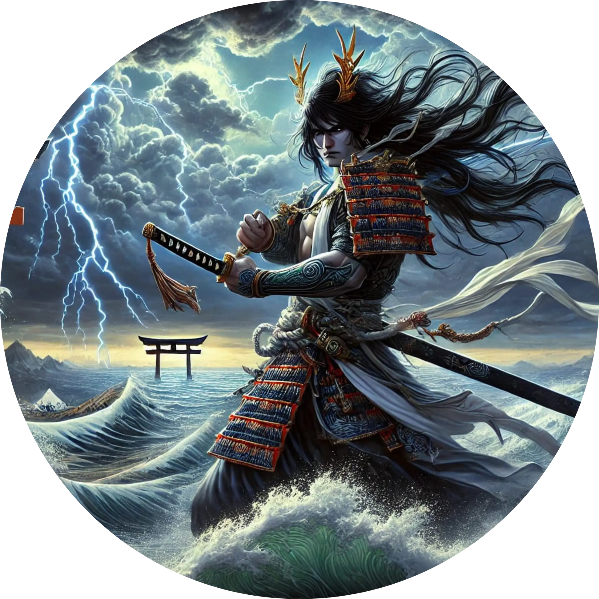 Dunkler Samurai mit Schwert vor tosender Küste – dramatische Szene in japanischer Legende