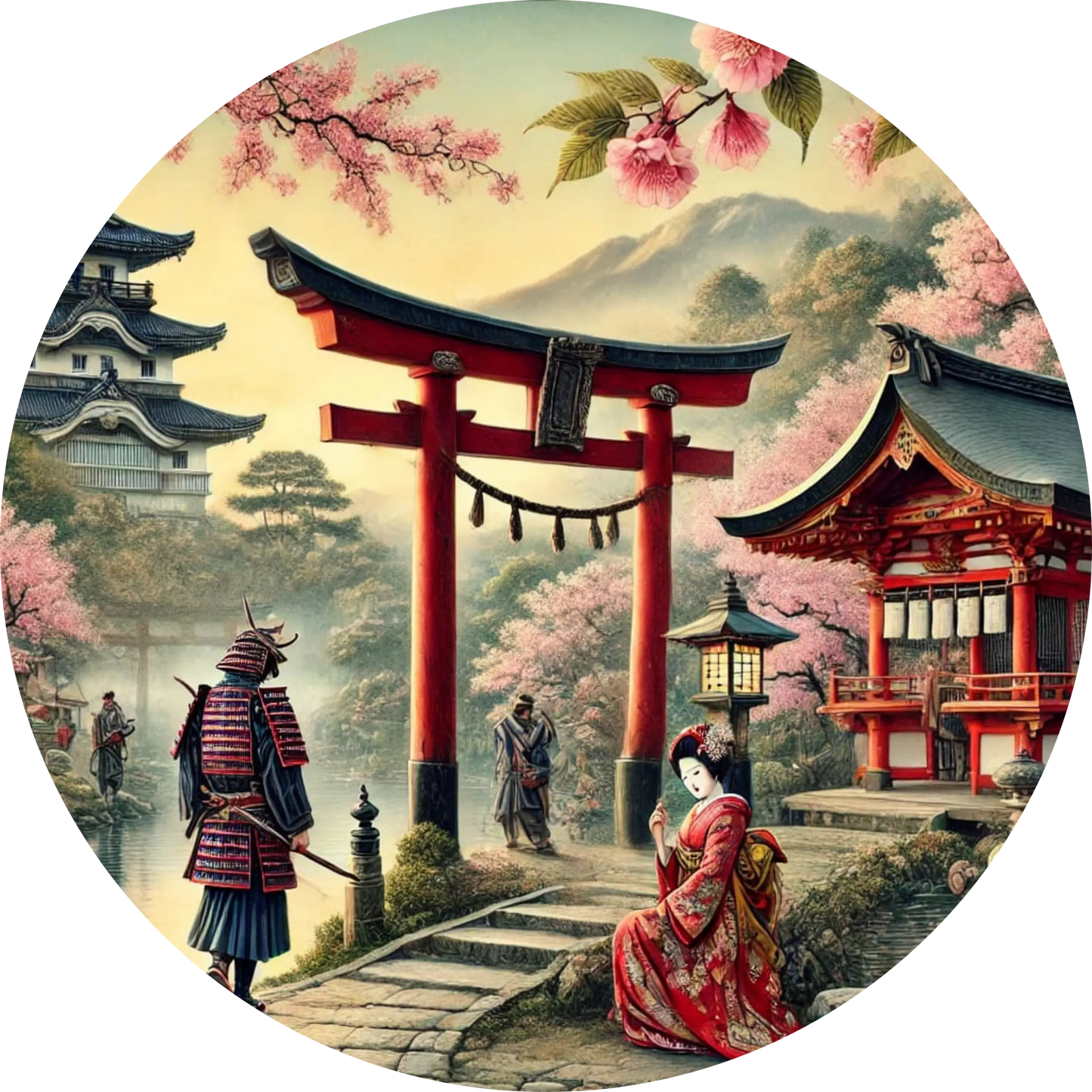 Kirschblüten und Torii mit meditierender Frau – japanische Frühlingsidylle