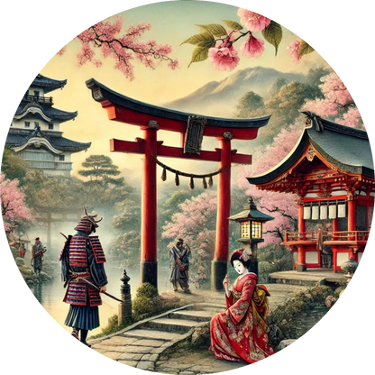 Kirschblüten und Torii mit meditierender Frau – japanische Frühlingsidylle