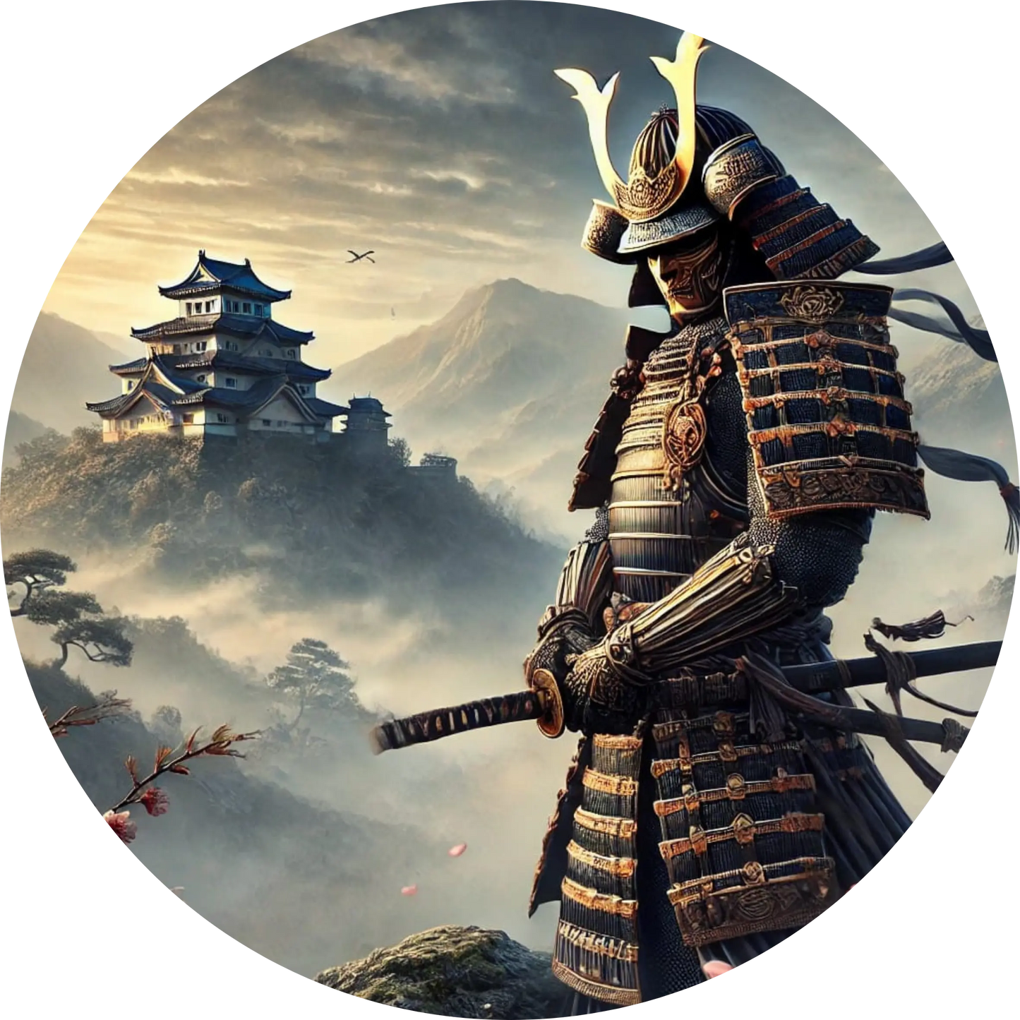 Krieger mit Rüstung auf nebelverhüllter Klippe – japanischer Held in ruhiger Landschaft