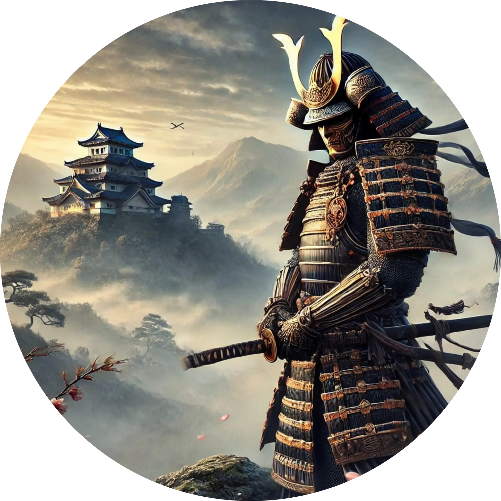 Krieger mit Rüstung auf nebelverhüllter Klippe – japanischer Held in ruhiger Landschaft