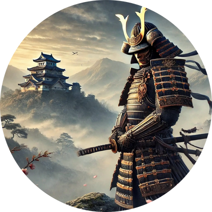 Krieger mit Rüstung auf nebelverhüllter Klippe – japanischer Held in ruhiger Landschaft