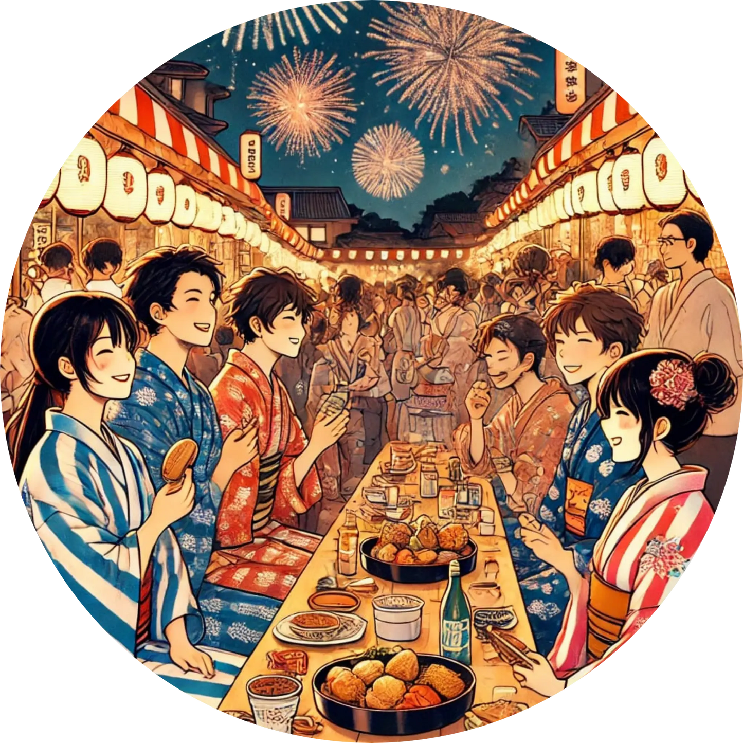 Japanisches Sommerfest mit Jugendlichen im Yukata und traditionellem Essen
