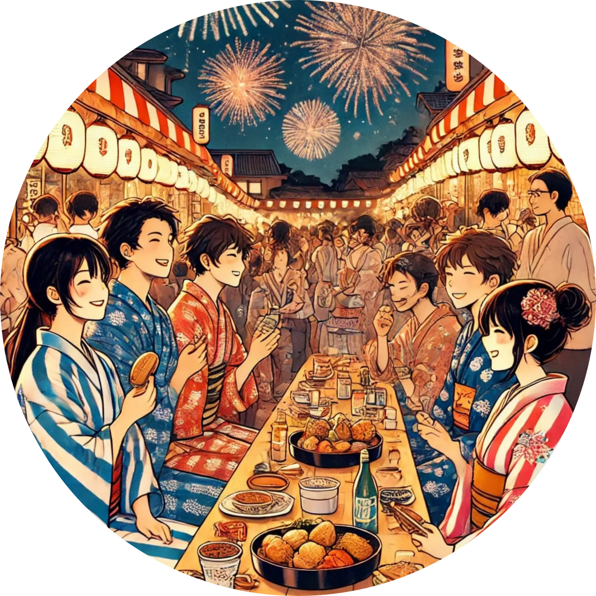 Japanisches Sommerfest mit Jugendlichen im Yukata und traditionellem Essen
