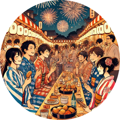 Japanisches Sommerfest mit Jugendlichen im Yukata und traditionellem Essen
