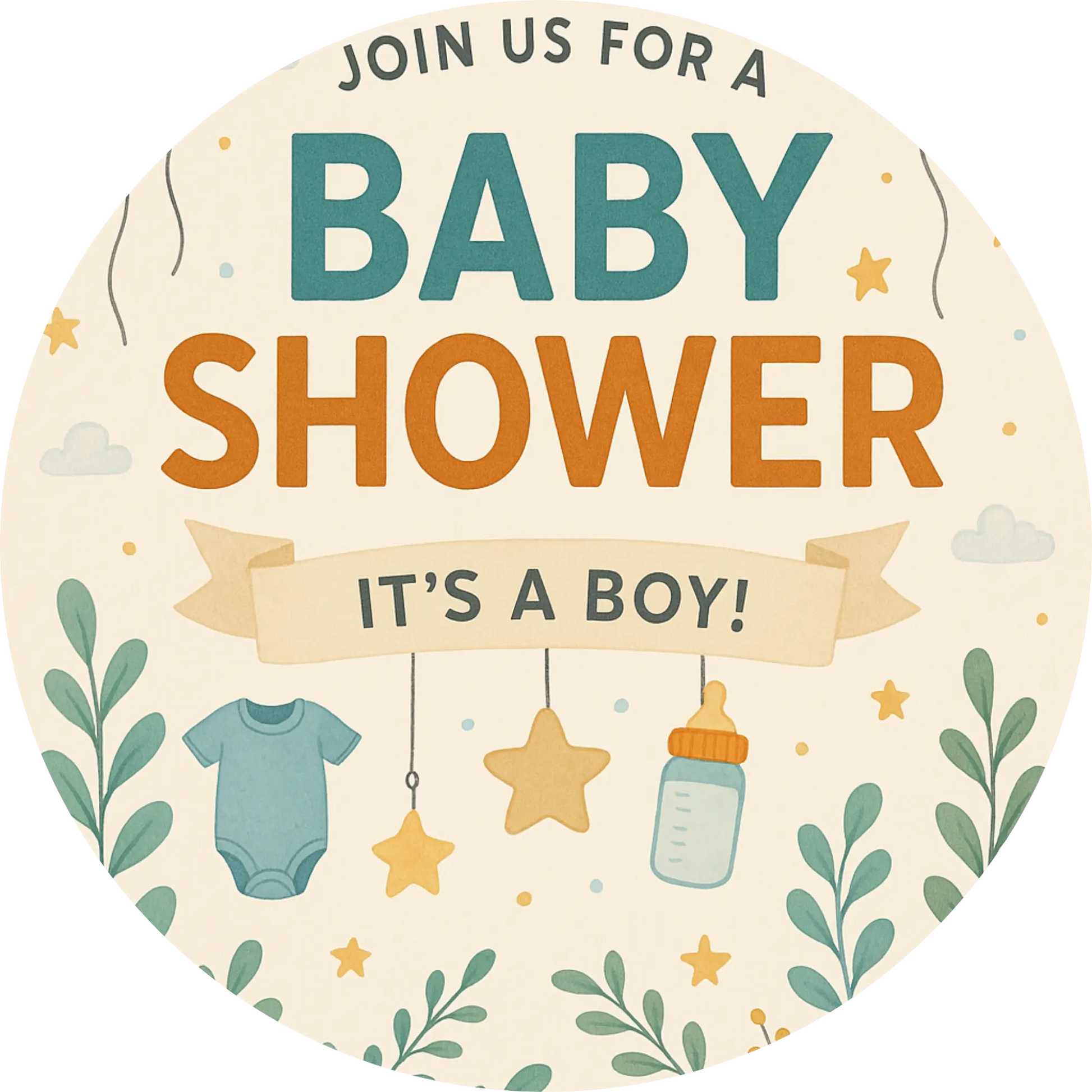 Einladung „Join us for a Baby Shower – It’s a boy“ mit Body und Fläschchen
