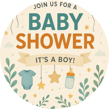 Einladung „Join us for a Baby Shower – It’s a boy“ mit Body und Fläschchen

