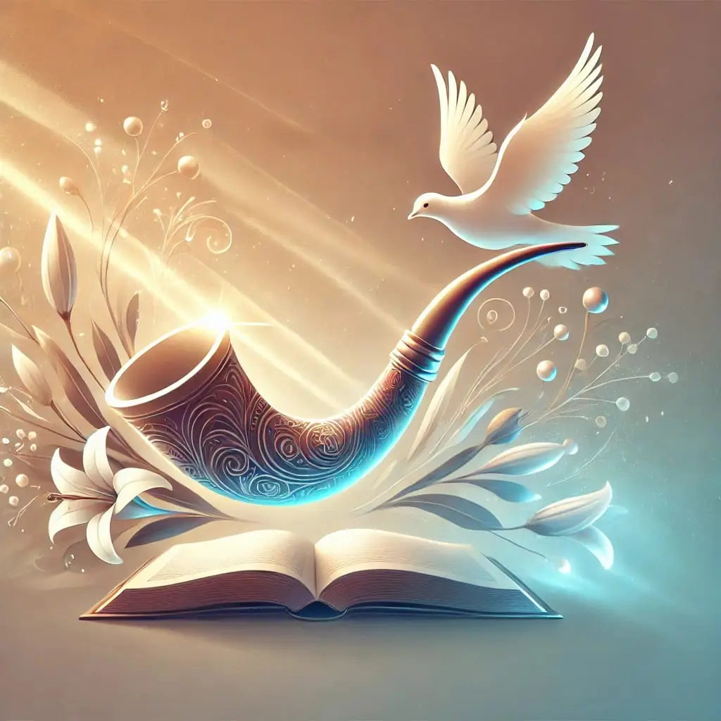 Spirituelle Szene zu Jom Kippur – Darstellung mit geöffneter Torarolle, weißen Kerzen und einer Friedenstaube, symbolisch für Besinnung, Gebet und Versöhnung im jüdischen Glauben