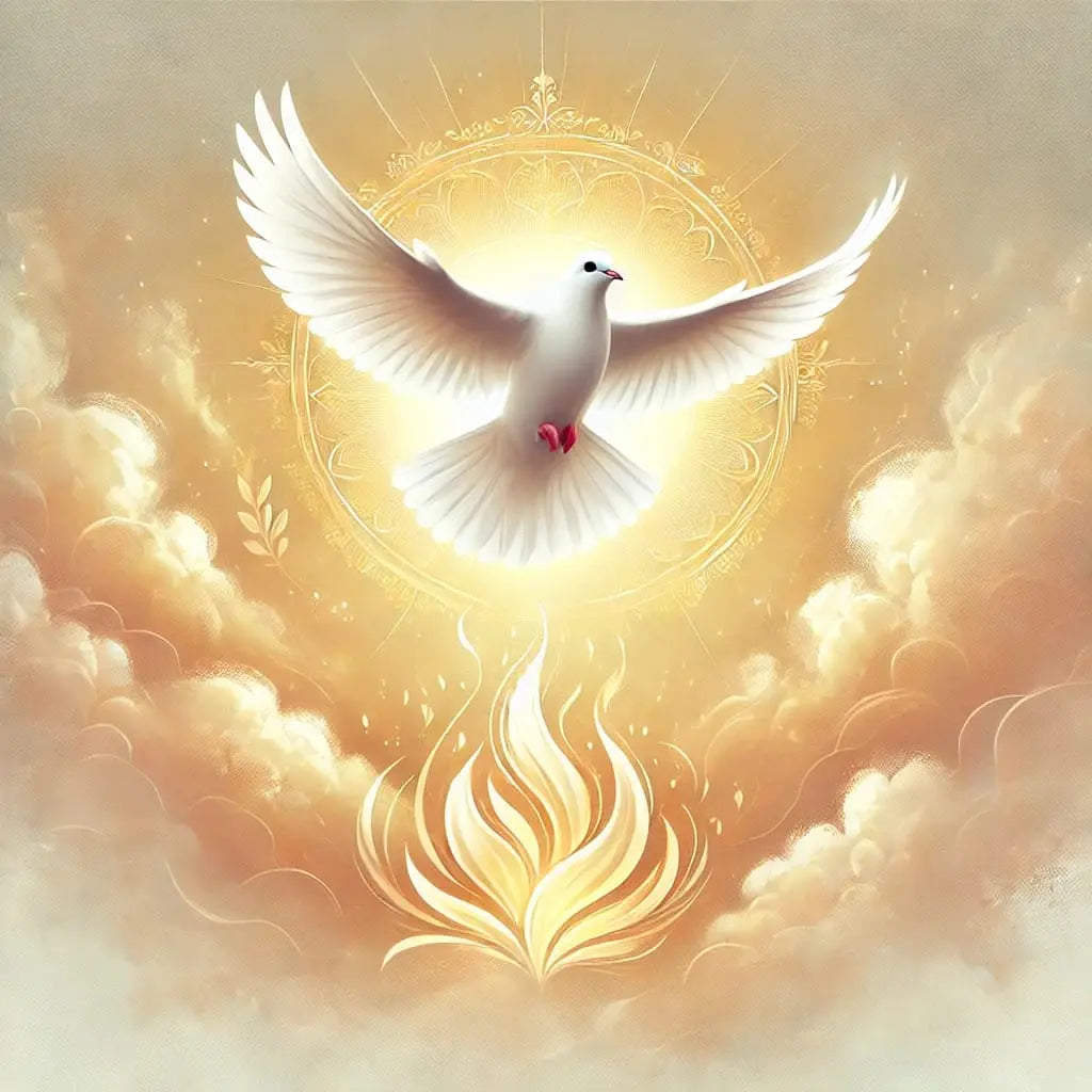 Weiße Taube über Lichtschein – Spirituelle Darstellung einer weißen Friedenstaube über einem Lichtstrahl – religiös, friedlich und symbolstark