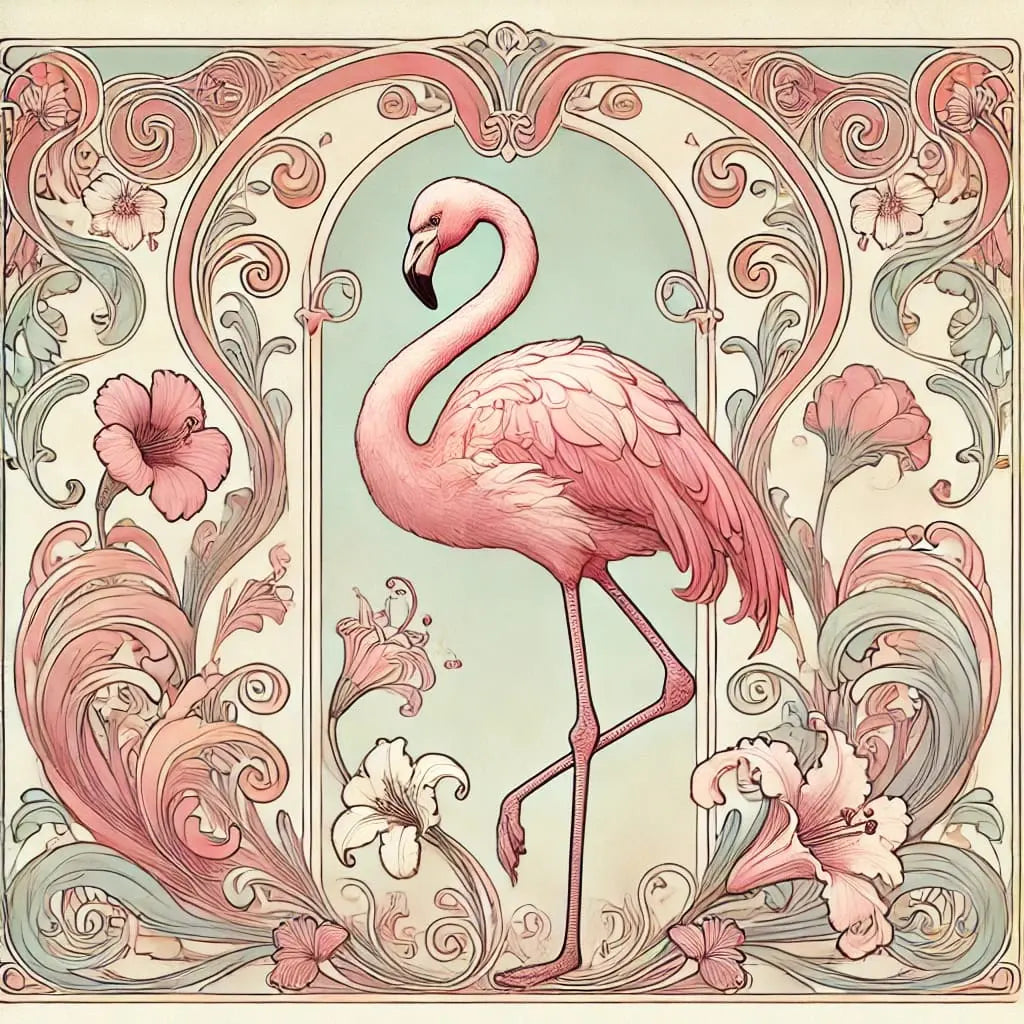 Flamingo im Jugendstil-Stil mit floralen Ornamenten und pastelligen Farben