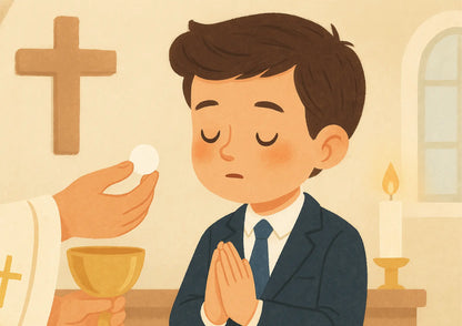 Betender Junge mit Hostie, Kreuz und Kirchenhintergrund – festliches Design