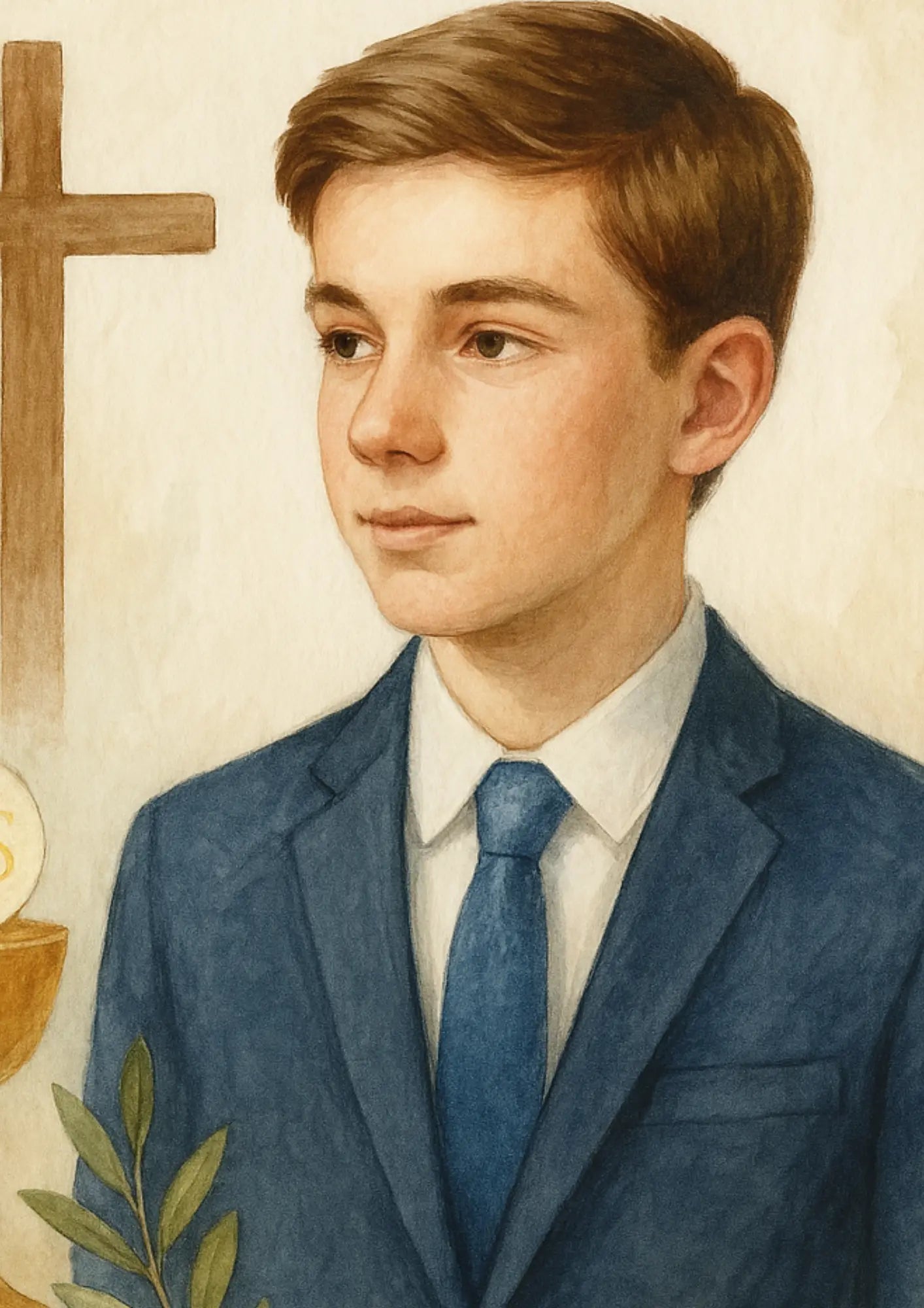 Porträt eines Jungen im blauen Anzug mit Konfirmationskreuz – realistischer Stil
