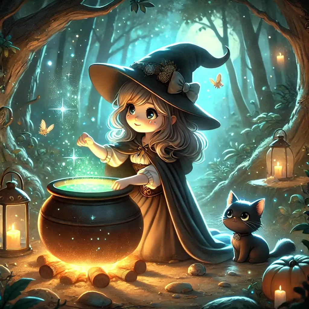 Junge Hexe mit Zauberkessel vor Mitternachtsszene