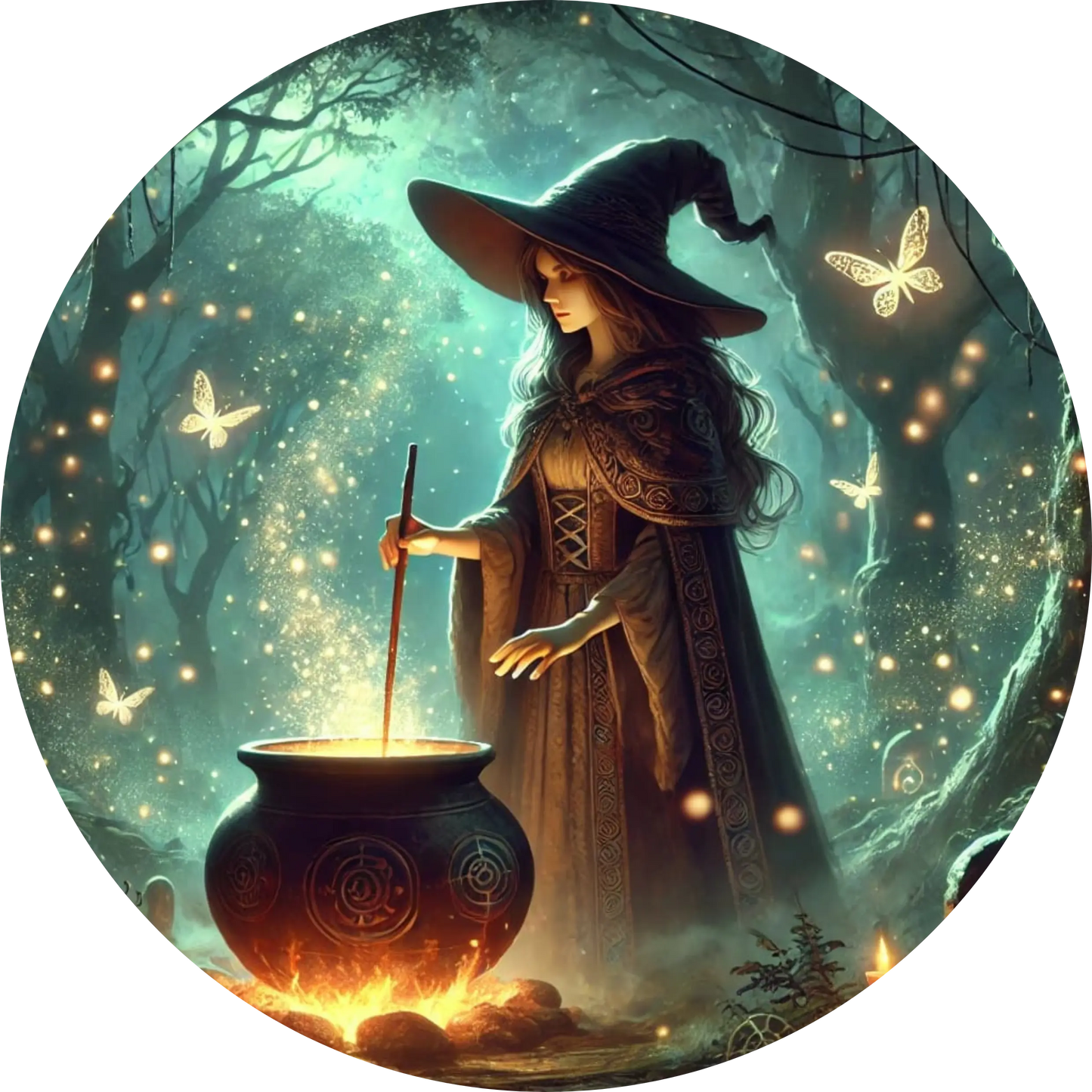 Junger Magier rührt in einem Kessel in mystischer Landschaft