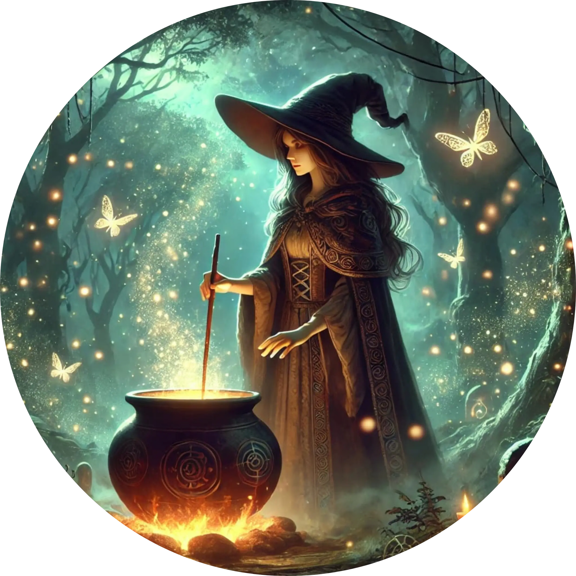 Junger Magier rührt in einem Kessel in mystischer Landschaft