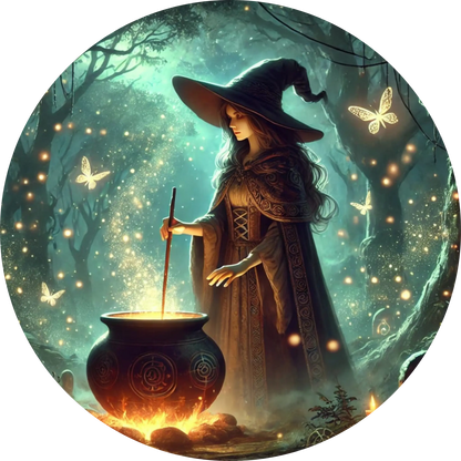 Junger Magier rührt in einem Kessel in mystischer Landschaft