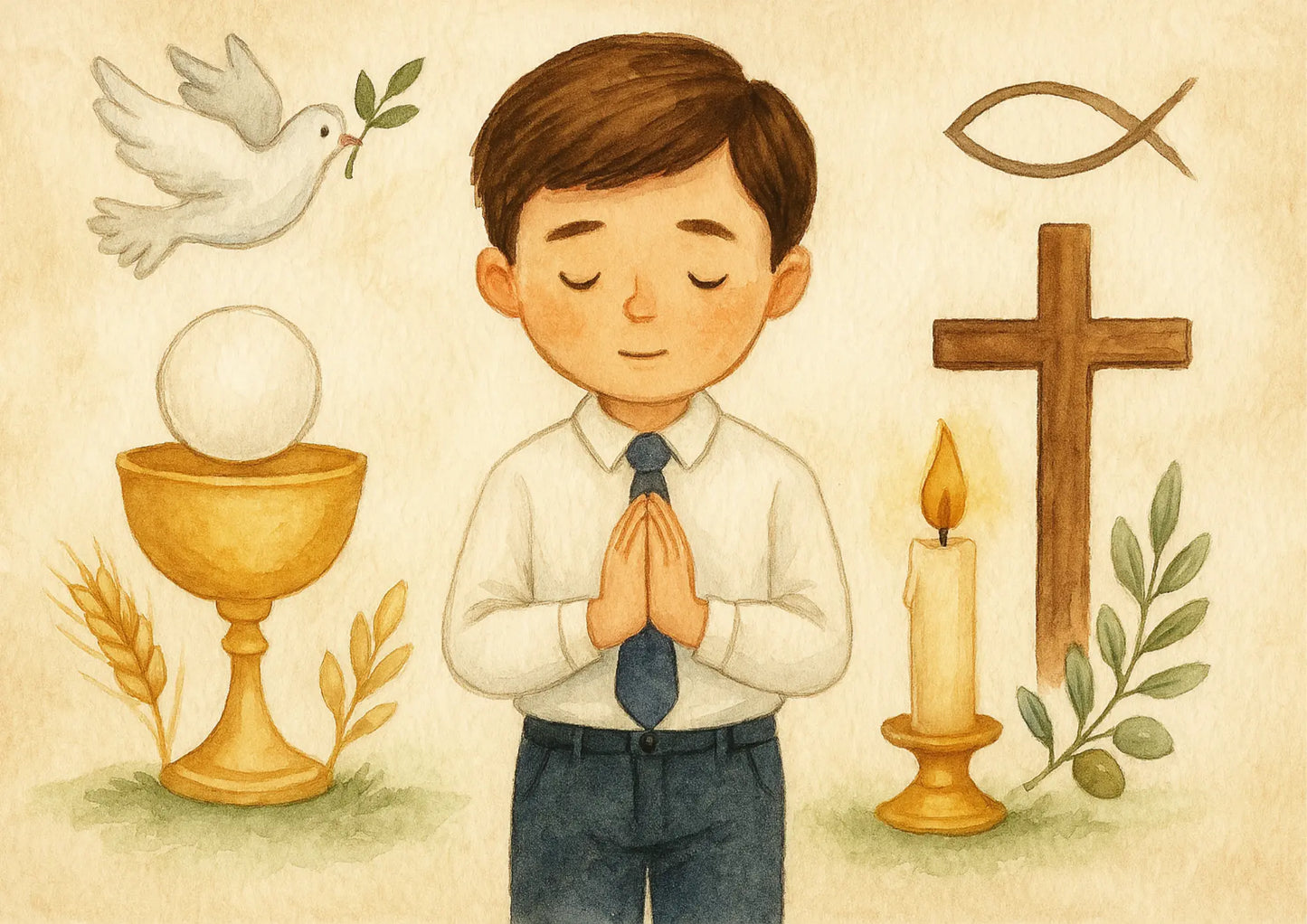 Junge mit Hostie, Kelch, Kreuz und Blättern – modernes Motiv für Kommunion oder Konfirmation