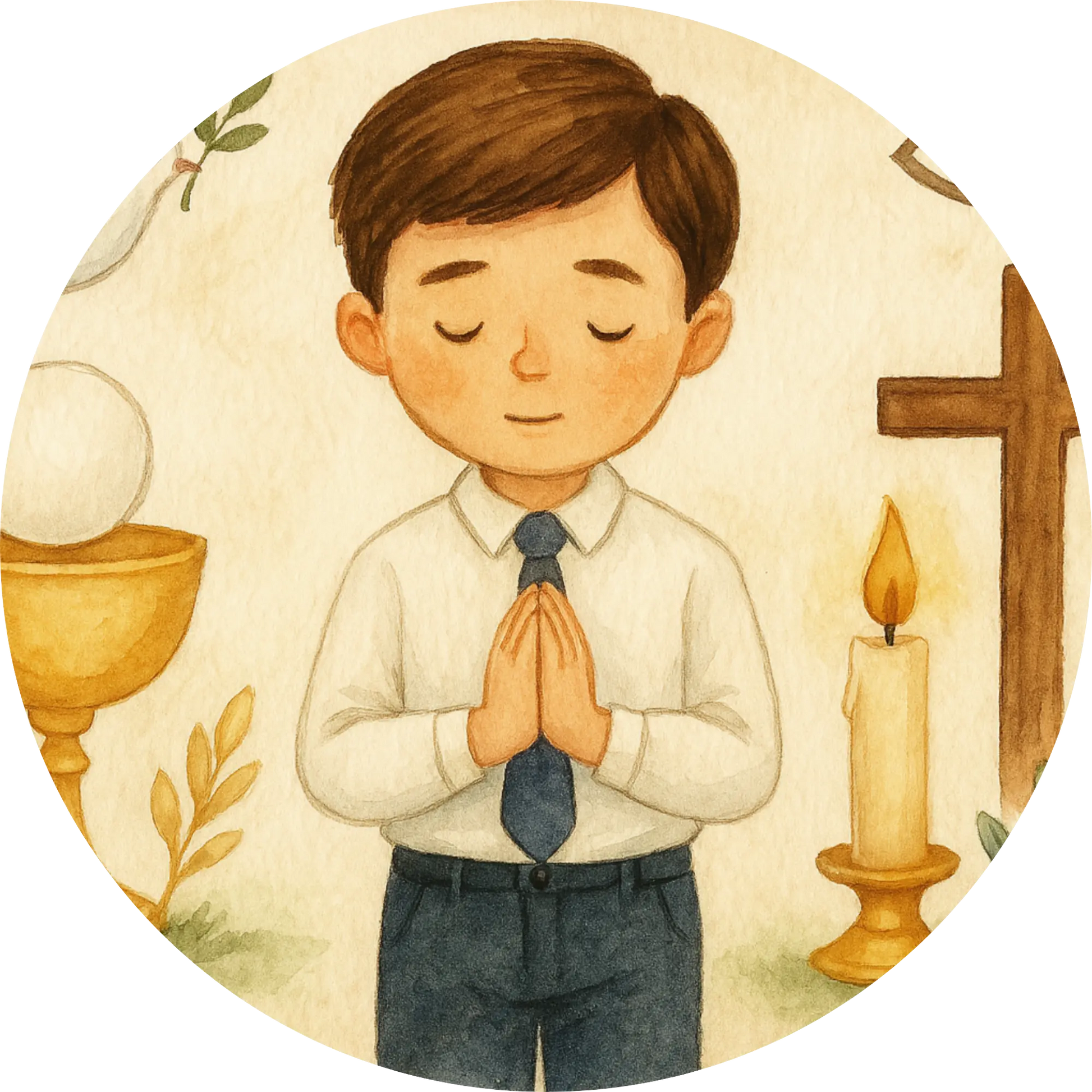 Junge mit Kelch, Kerze und betenden Händen – ruhiges Konfirmationsmotiv
