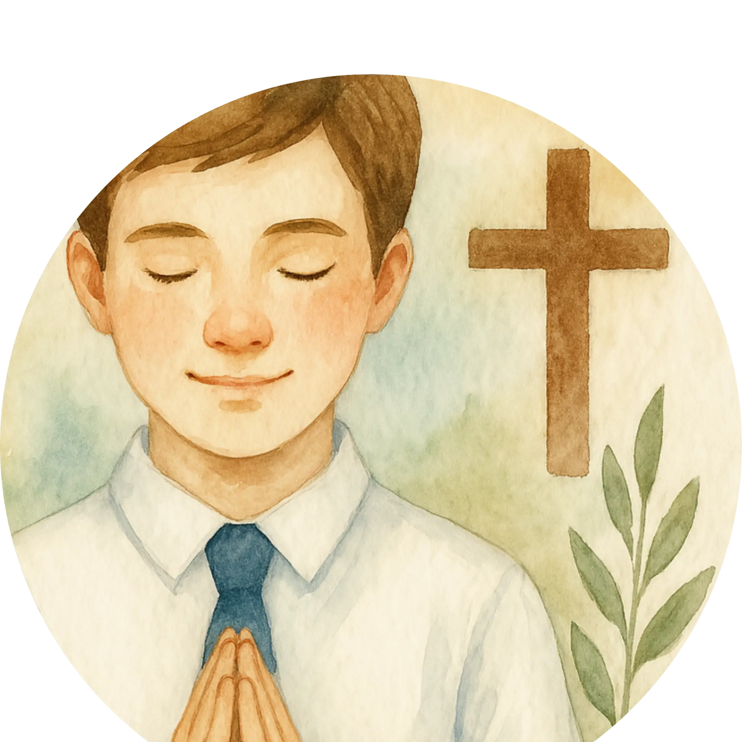 Junge mit Kreuz im Hintergrund und blauer Krawatte – betendes Kind zur Konfirmation