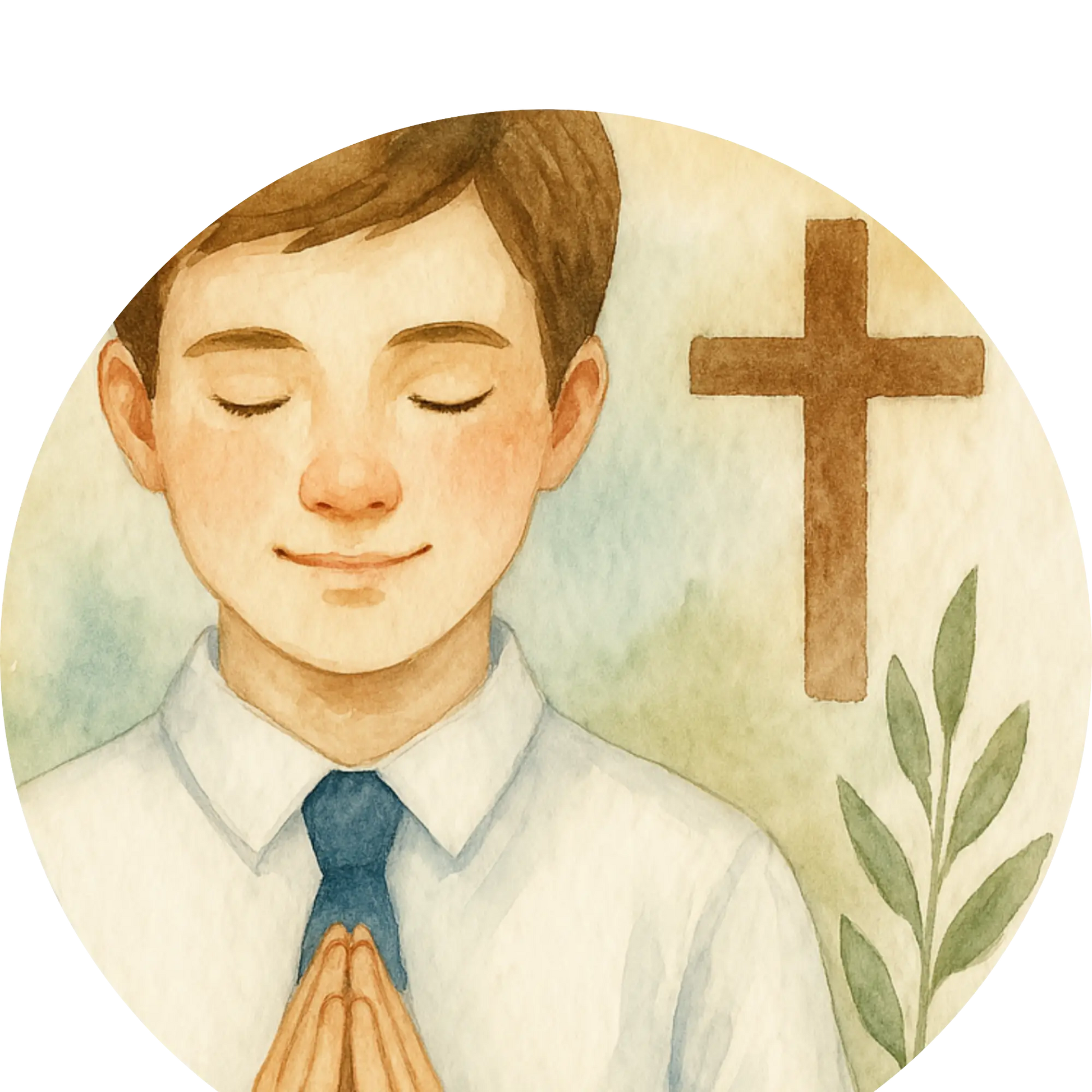 Junge mit Kreuz im Hintergrund und blauer Krawatte – betendes Kind zur Konfirmation