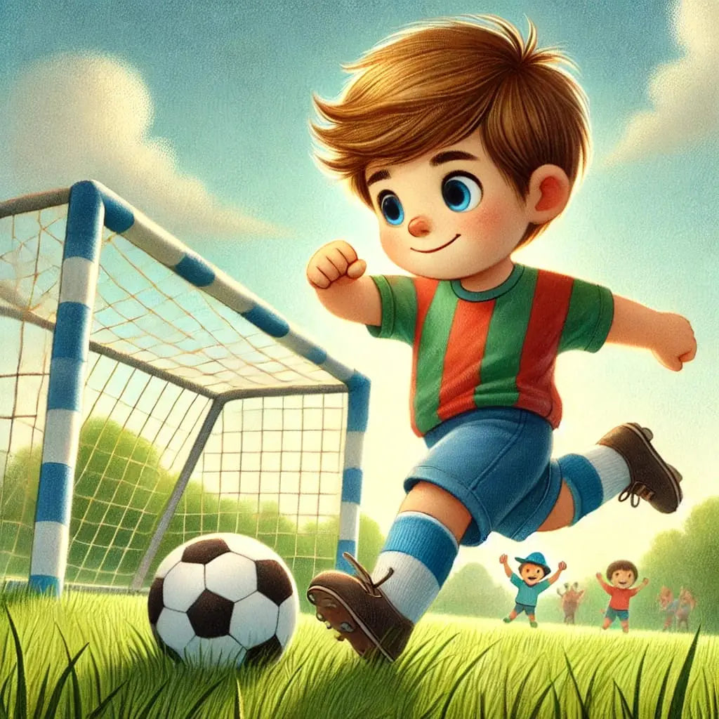 Junge schießt einen Ball vor dem Tor – fröhlicher Cartoon-Stil.