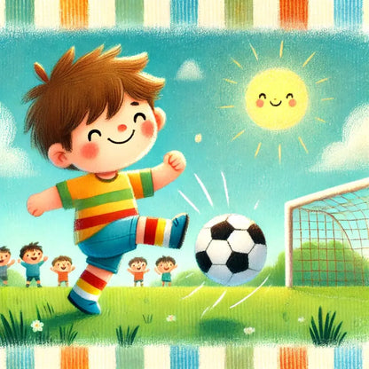 Junge spielt mit Ball im sonnigen Garten – fröhliches Kindermotiv.