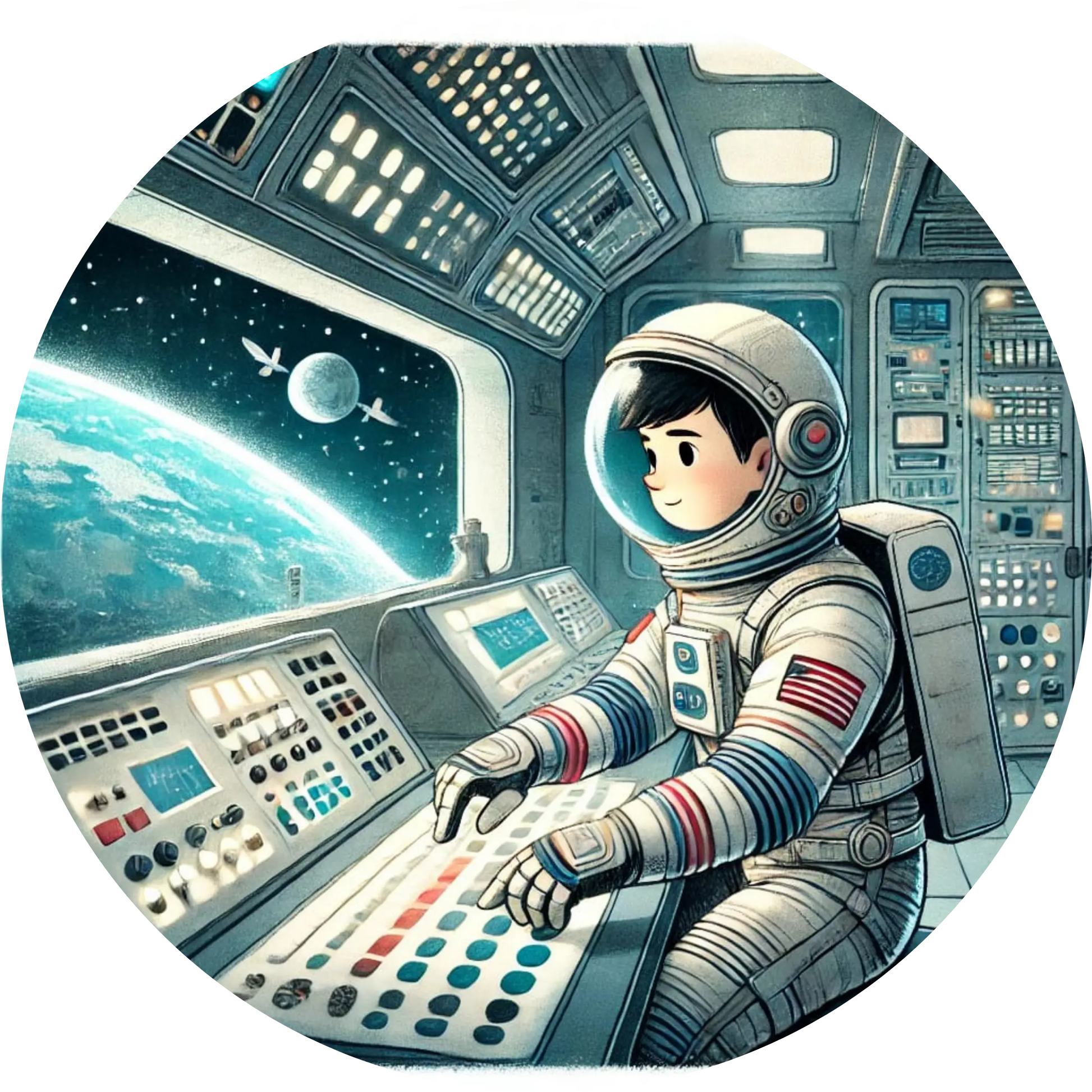 Ein junger Astronaut sitzt im Cockpit eines Raumschiffs und blickt auf die Erde – futuristische Darstellung mit leuchtenden Anzeigen und Weltall im Hintergrund.