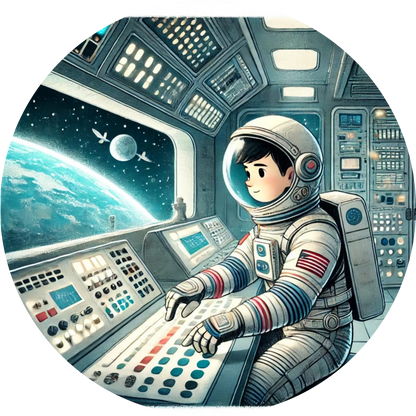 Ein junger Astronaut sitzt im Cockpit eines Raumschiffs und blickt auf die Erde – futuristische Darstellung mit leuchtenden Anzeigen und Weltall im Hintergrund.