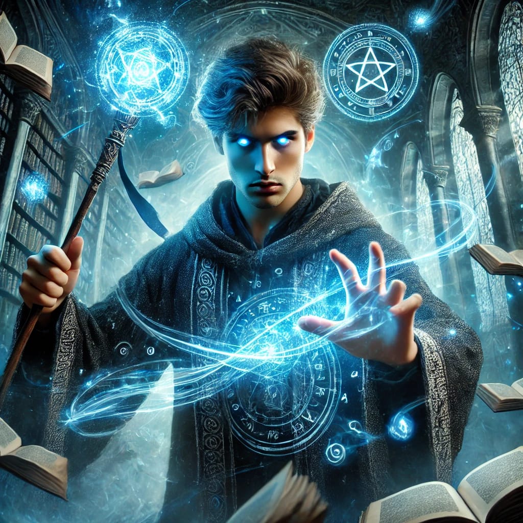 Magier mit aufgeladenem Zauberstab steht vor magischen Symbolen in blauem Licht.