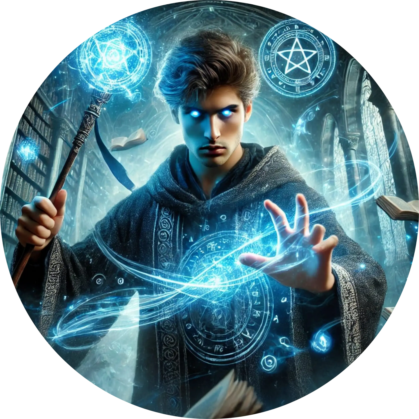 Junger Magier beschwört leuchtendes Energiesymbol in Händen