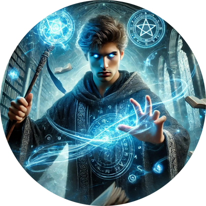 Junger Magier beschwört leuchtendes Energiesymbol in Händen