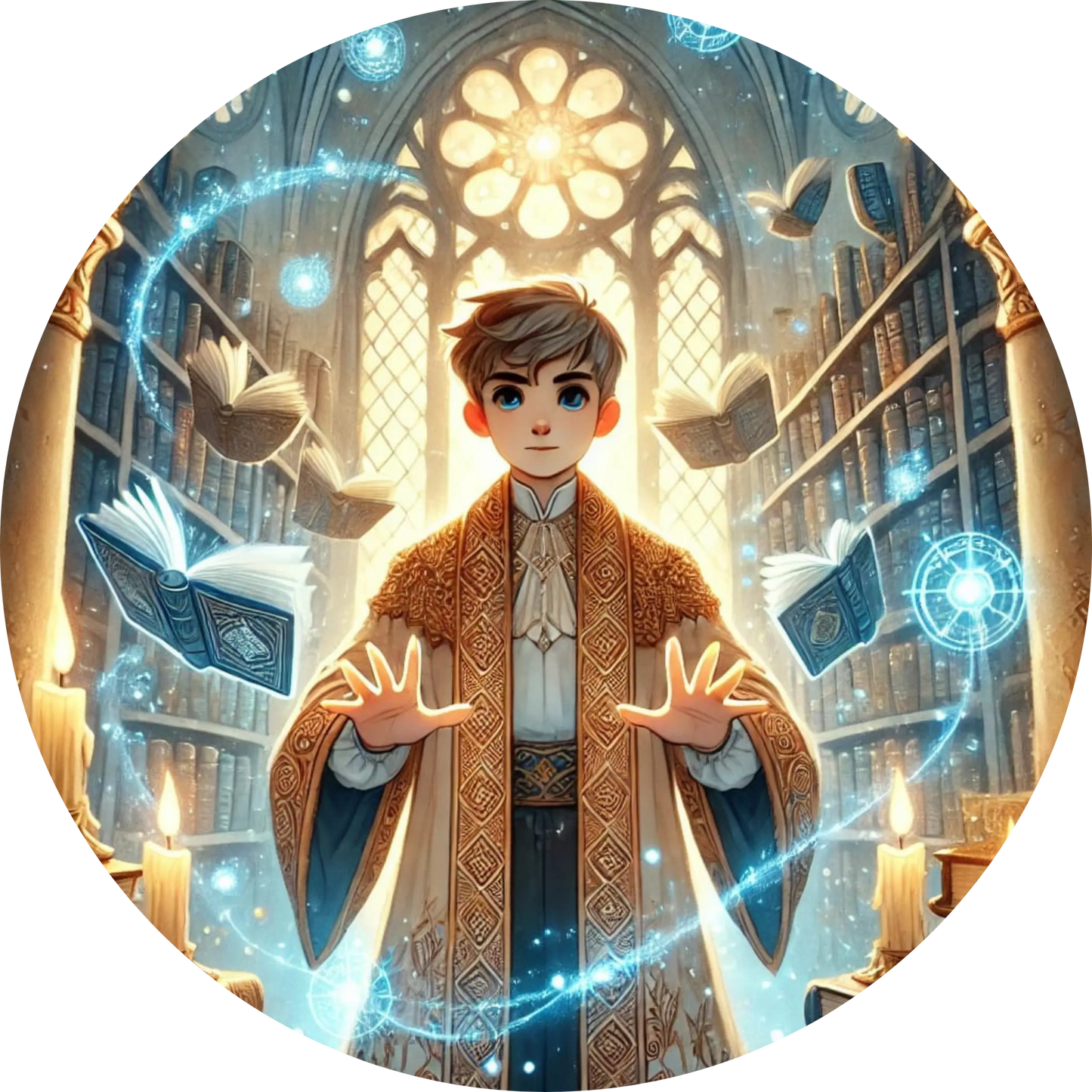 Junger Magier mit Zauberstab vor verziertem Fenster
