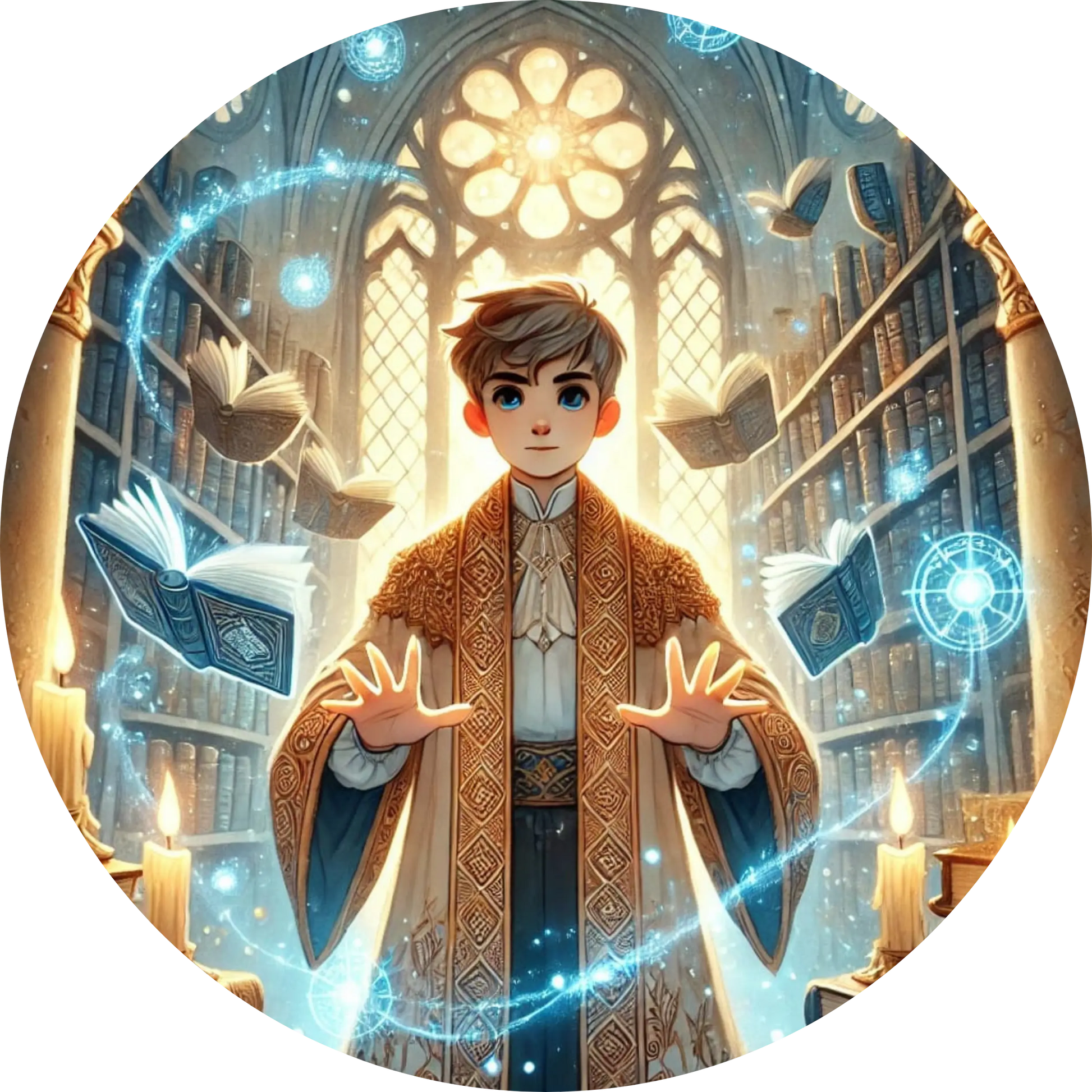 Junger Magier mit Zauberstab vor verziertem Fenster
