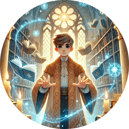 Junger Magier mit Zauberstab vor verziertem Fenster
