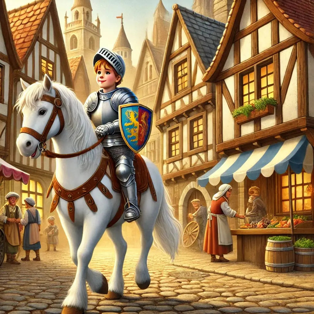 Junger Rittet reitet mit seinen Pferd durch das mittelalterliche Dorf. Im Hintergrund ist das Schloss zu sehen.