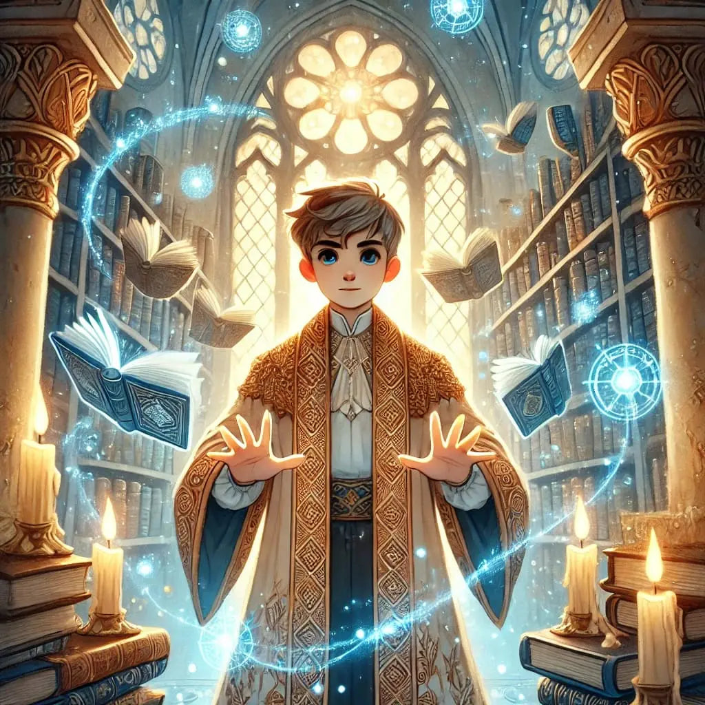 Junge Zauberer in großer Halle mit fliegenden Büchern und Kerzen