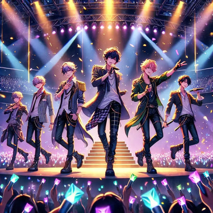 Eine männliche K-Pop-Gruppe steht in stilisierten Bühnenoutfits unter einem strahlenden Lichtermeer auf einer großen Konzertbühne.