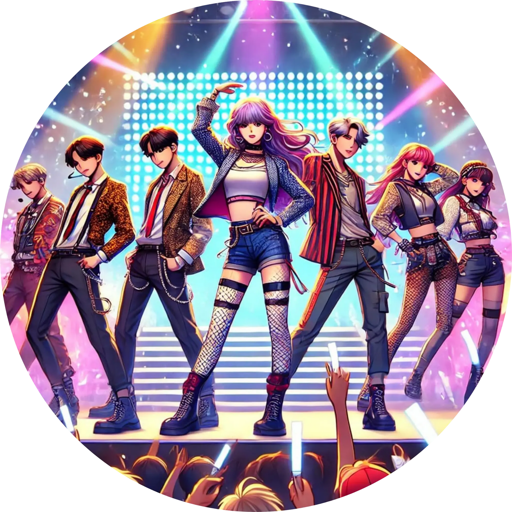 K-Pop Band in bunten Outfits bei einer mitreißenden Bühnenperformance